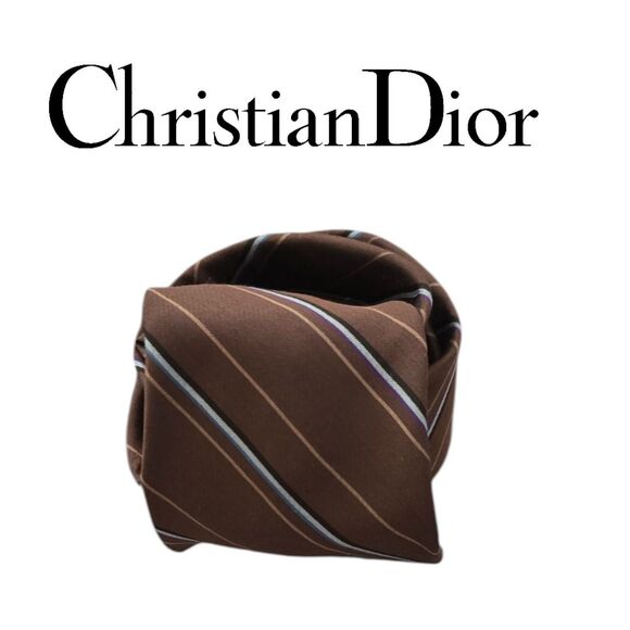 CHRISTIAN DIOR Vintage Brown Diagonal Stripe Print Silk Tie - Picture 1 of 3